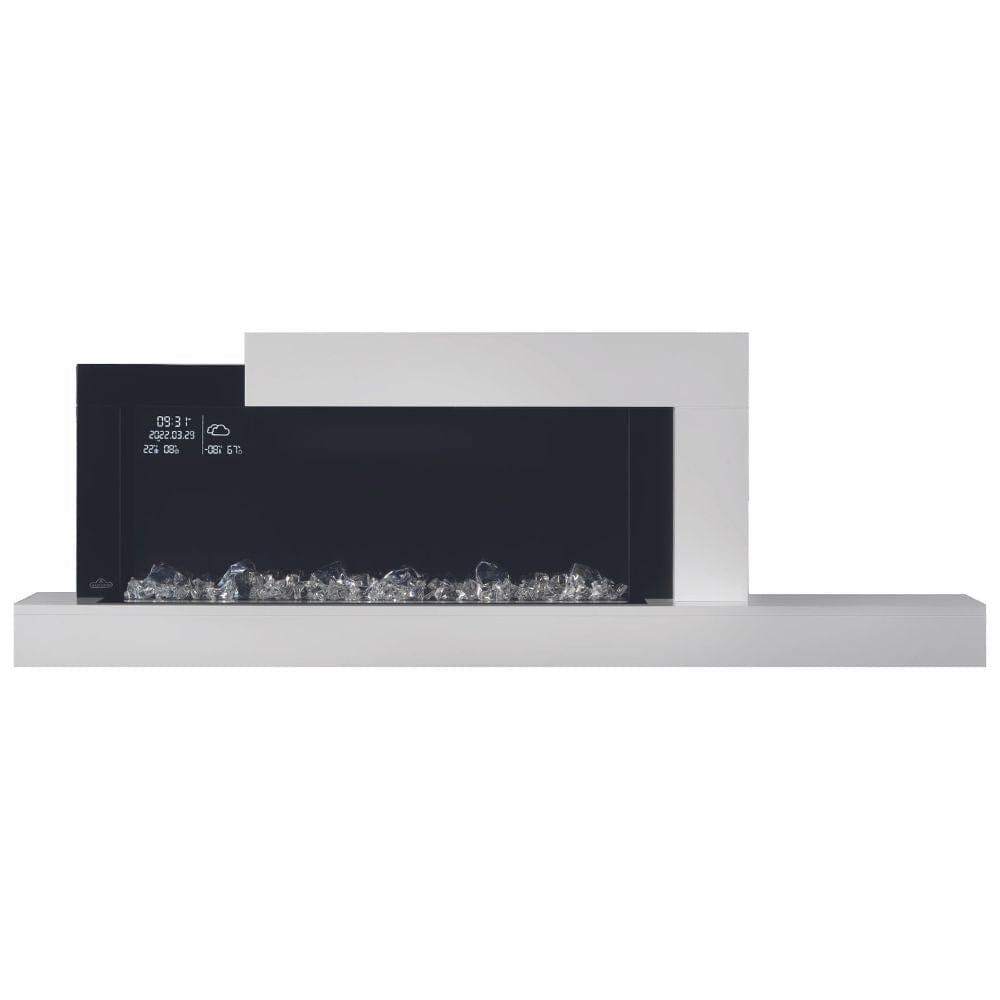 Napoleon Stylus Cara Elite 59-Inch Wall Mounted Smart Electric Fireplace with modern design and sleek shelf.
