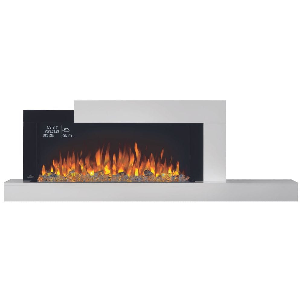 Napoleon Stylus Cara Elite 59-Inch wall mounted smart electric fireplace with glass crystals and flame display.