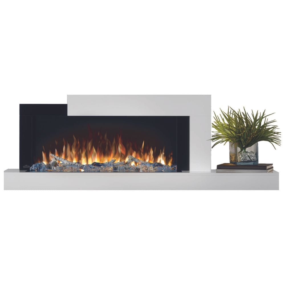 Napoleon Stylus Cara Elite 59-inch wall-mounted smart electric fireplace with decorative flames and modern shelf.