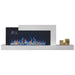 Napoleon Stylus Cara Elite 59-Inch wall-mounted electric fireplace with vibrant flames and modern shelf design.
