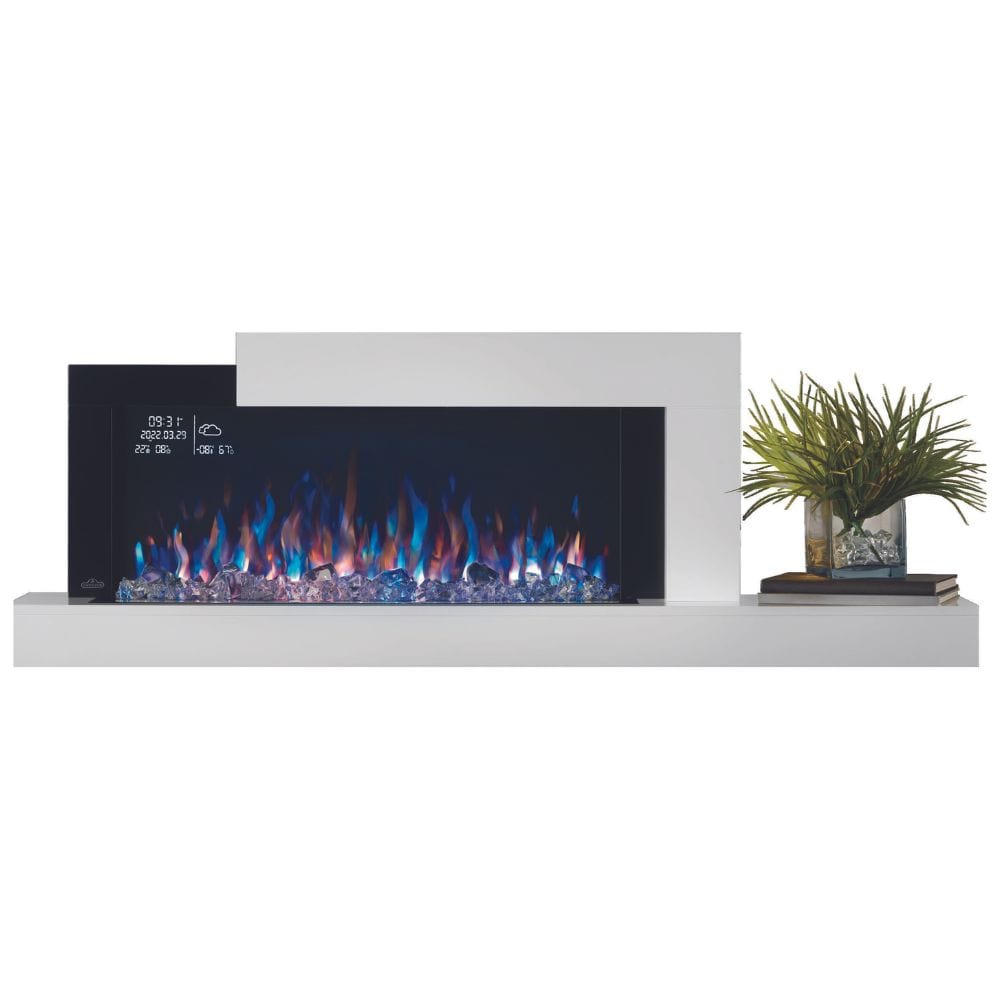 Napoleon Stylus Cara Elite 59-Inch Wall Mounted Smart Electric Fireplace with vibrant flames and stylish shelf.