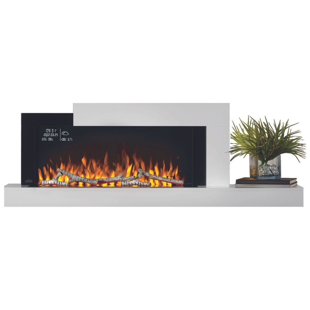 Napoleon Stylus Cara Elite 59-Inch Wall Mounted Smart Electric Fireplace with flames and decorative shelf.