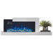 Napoleon Stylus Cara Elite 59-Inch wall mounted electric fireplace with blue flames, a shelf, and decorative items.