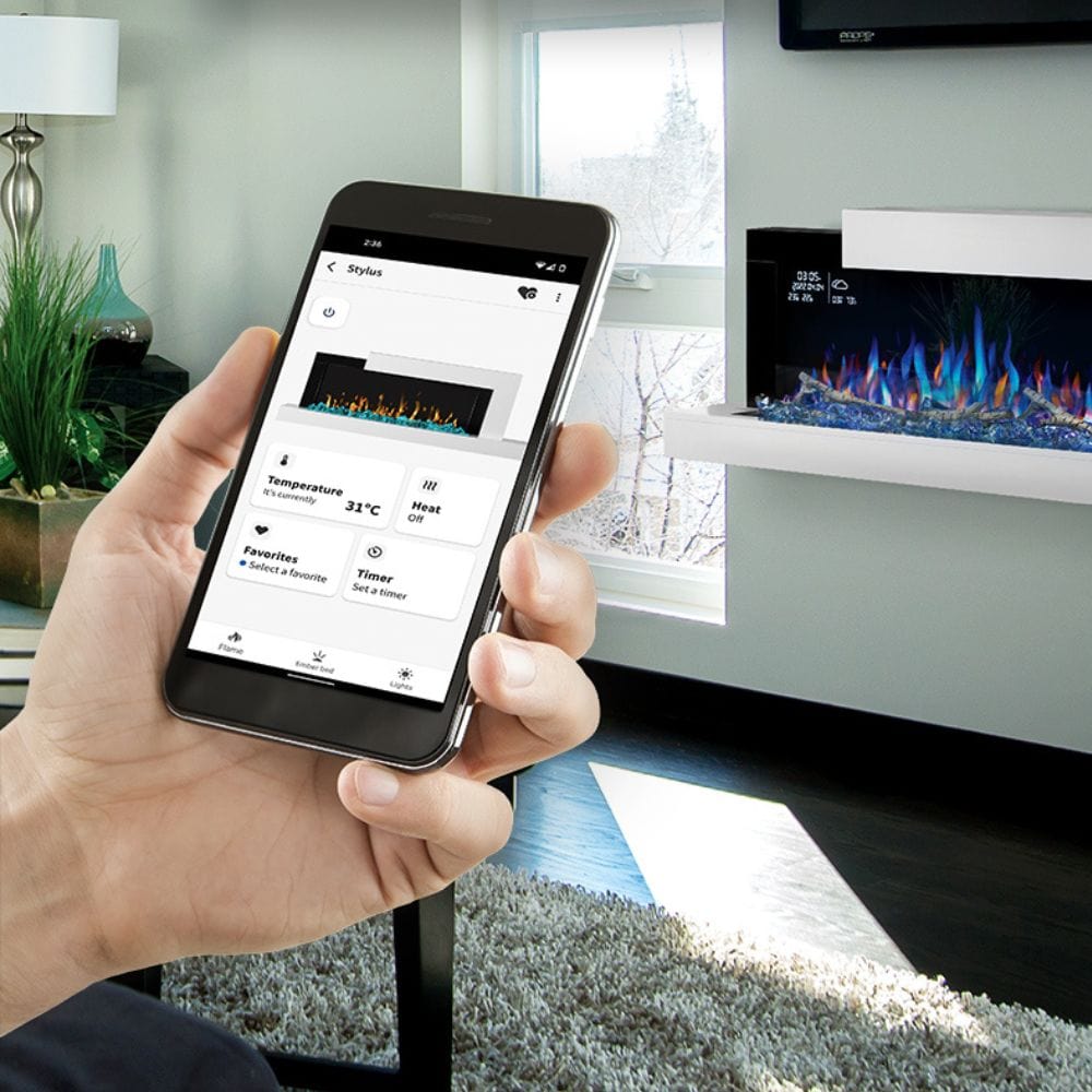 User controlling the Napoleon Stylus Cara Elite electric fireplace via smartphone app in a modern living room.