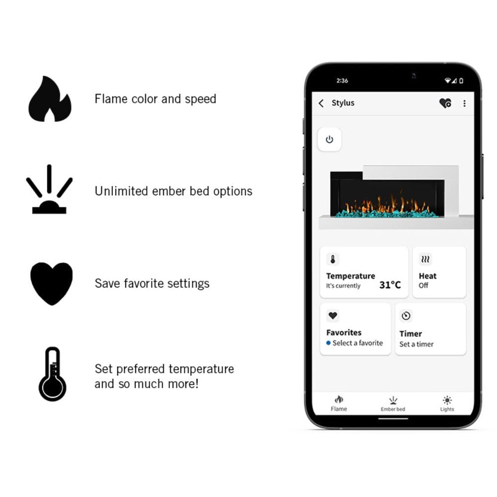Smartphone interface for Napoleon Stylus Cara Elite fireplace settings including flame color, temperature controls, and favorites.