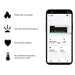 Smartphone interface for Napoleon Stylus Cara Elite fireplace settings including flame color, temperature controls, and favorites.