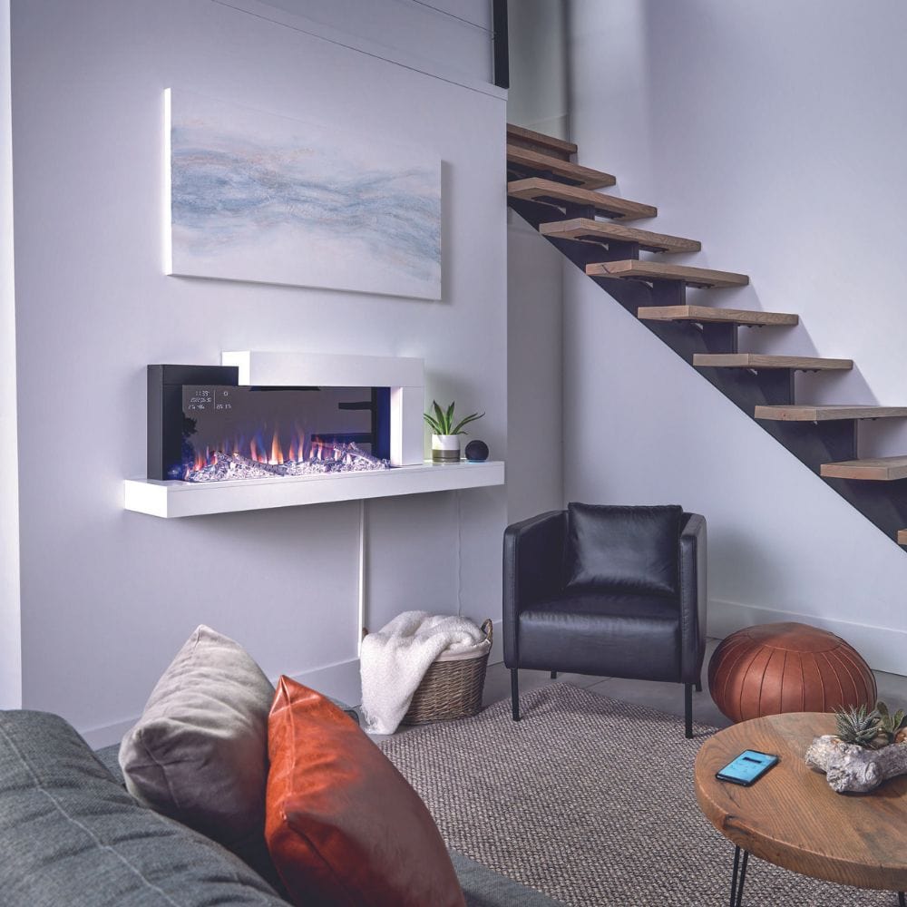 Wall-mounted Napoleon Stylus Cara Elite electric fireplace with colorful flames, stylish decor, and modern furniture setup.