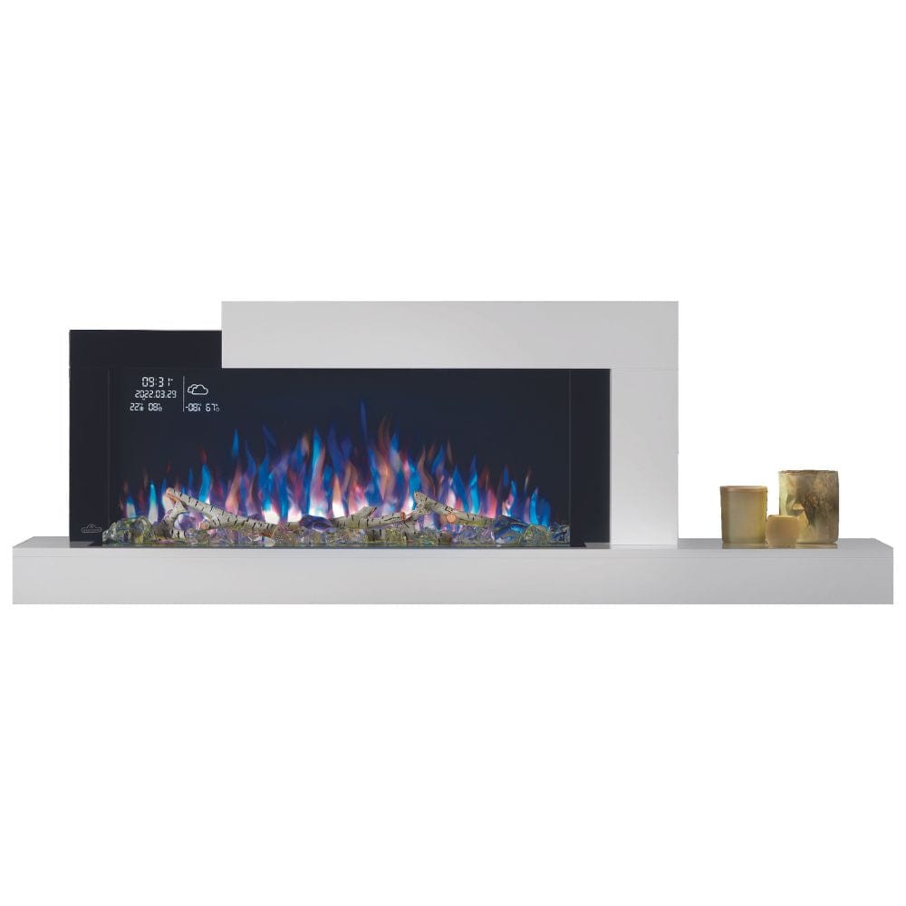 Napoleon Stylus Cara Elite 59-Inch wall-mounted electric fireplace with vibrant flame display and sleek white shelf.