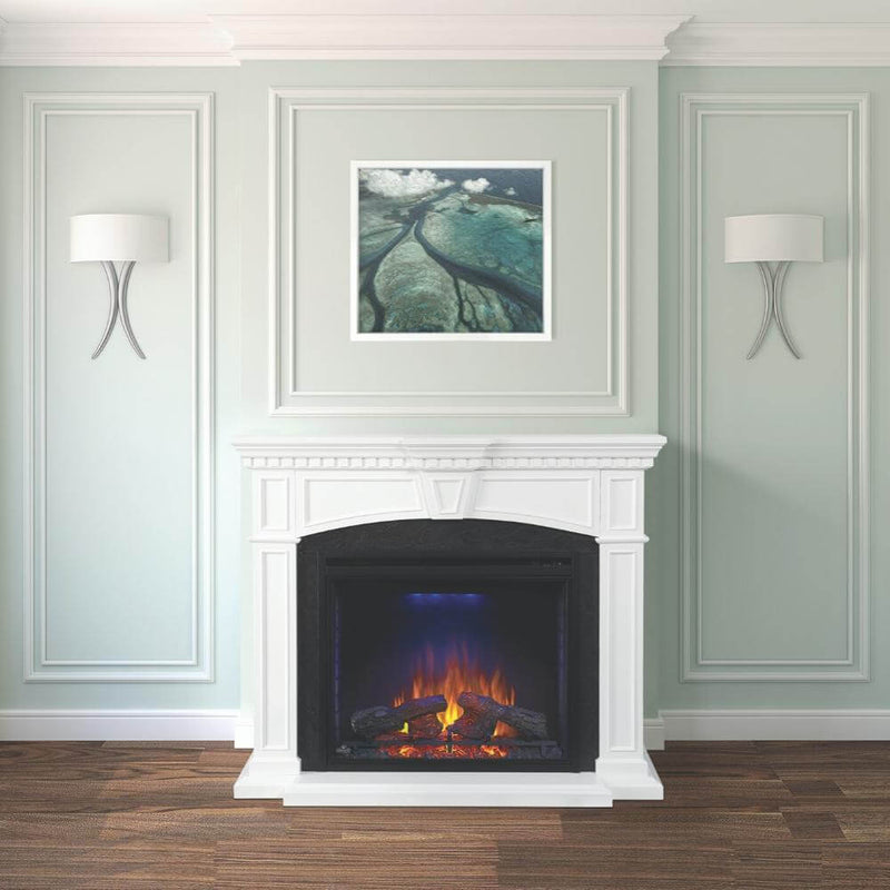 Elegant Napoleon Taylor electric fireplace mantel in a stylish room with light green walls and artwork.