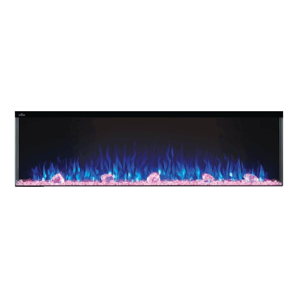 Napoleon Trivista Primis 3-sided electric fireplace with vibrant multicolored flames and decorative rocks.