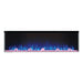 Napoleon Trivista Primis 3-sided electric fireplace with vibrant multicolored flames and decorative rocks.