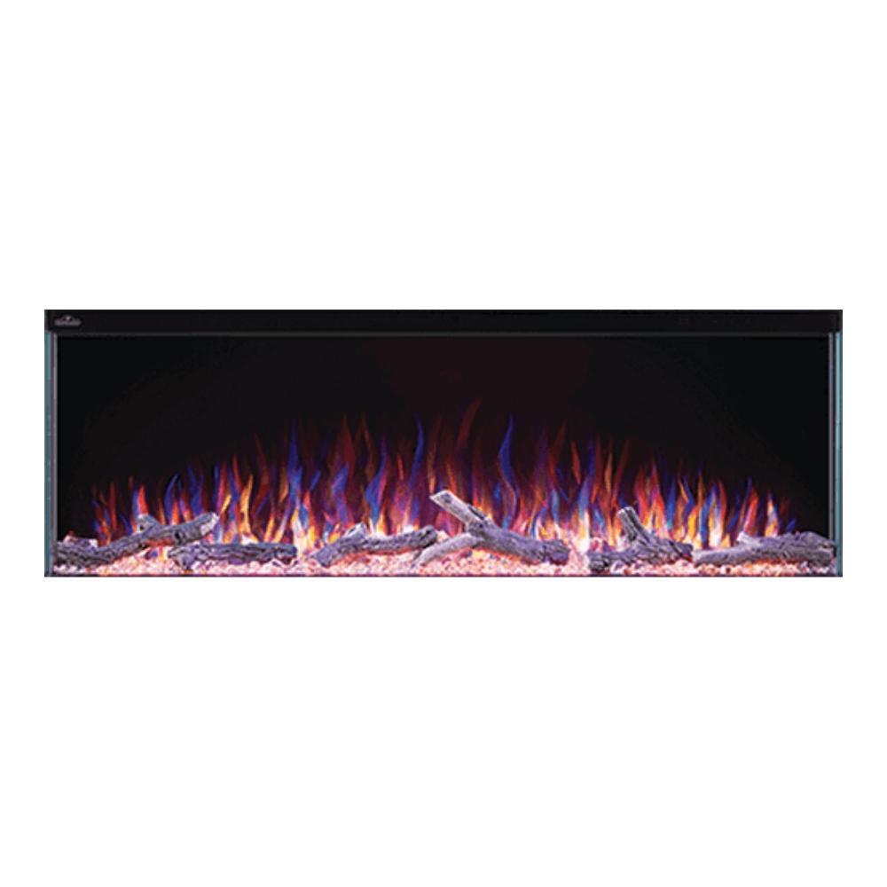 Napoleon Trivista Primis electric fireplace with colorful flame display and realistic log effects.