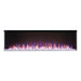 Sleek electric fireplace with multicolored flames and clear crystals, creating a modern ambiance for any space.