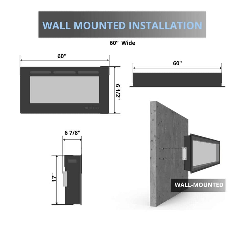 Wall mounted installation diagram for a 60-inch electric fireplace with dimensions indicated.