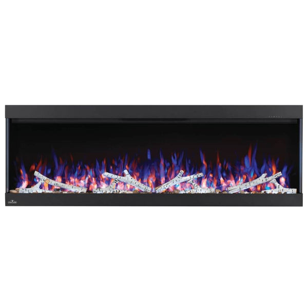Napoleon Trivista Pictura wall-mounted electric fireplace with vibrant flame and decorative logs.