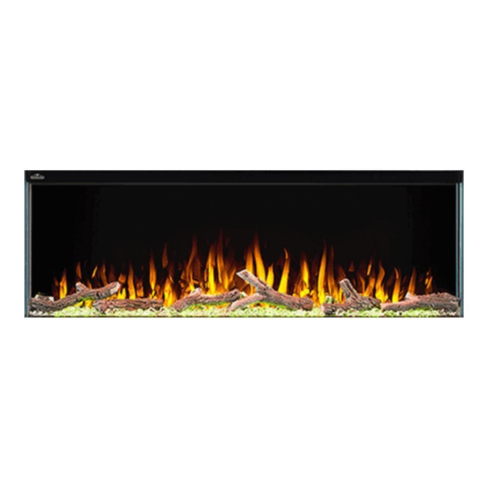 Modern electric fireplace with multicolored flames and realistic log display, perfect for versatile home decor.