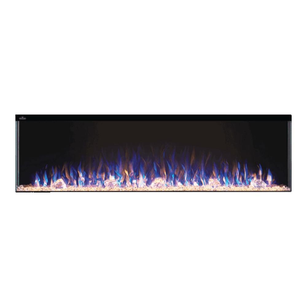 Sleek built-in electric fireplace showing vibrant multicolored flames and modern design for stylish home decor.
