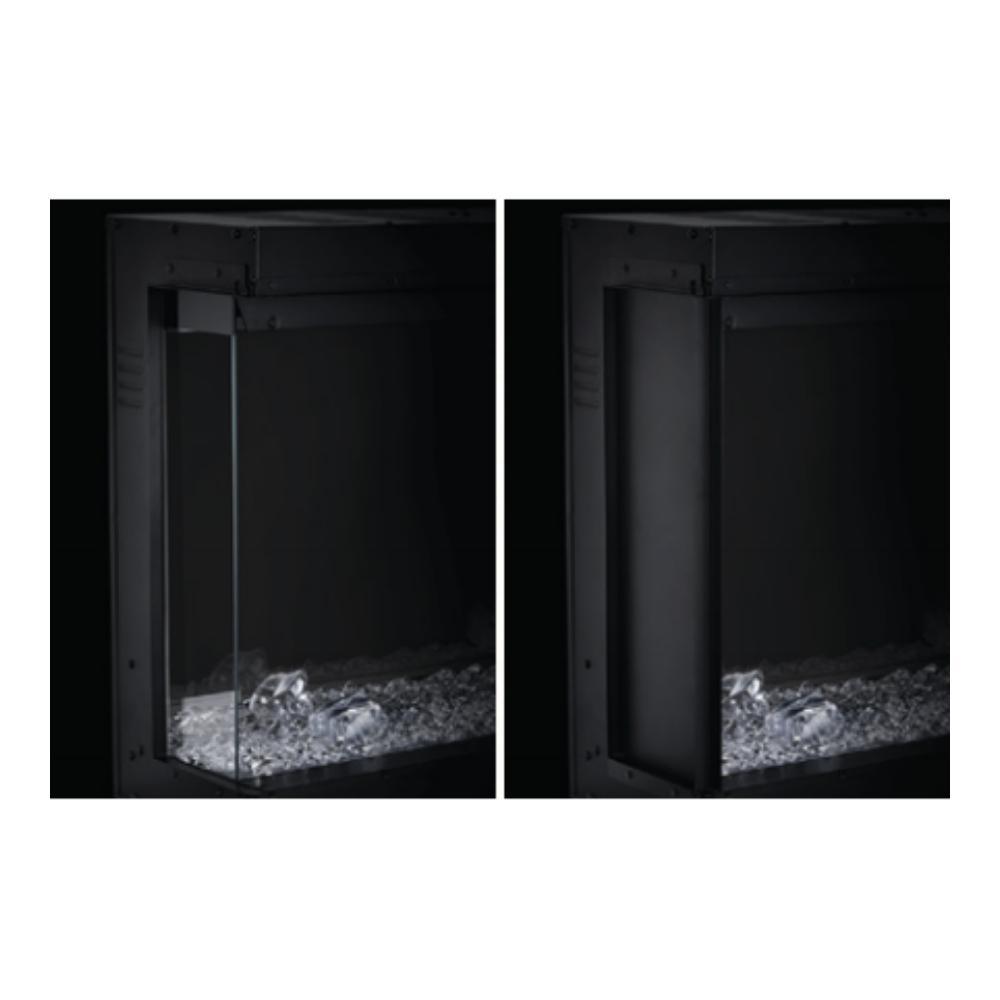 View of a Napoleon Trivista built-in electric fireplace showing two panel configurations with decorative crystals.
