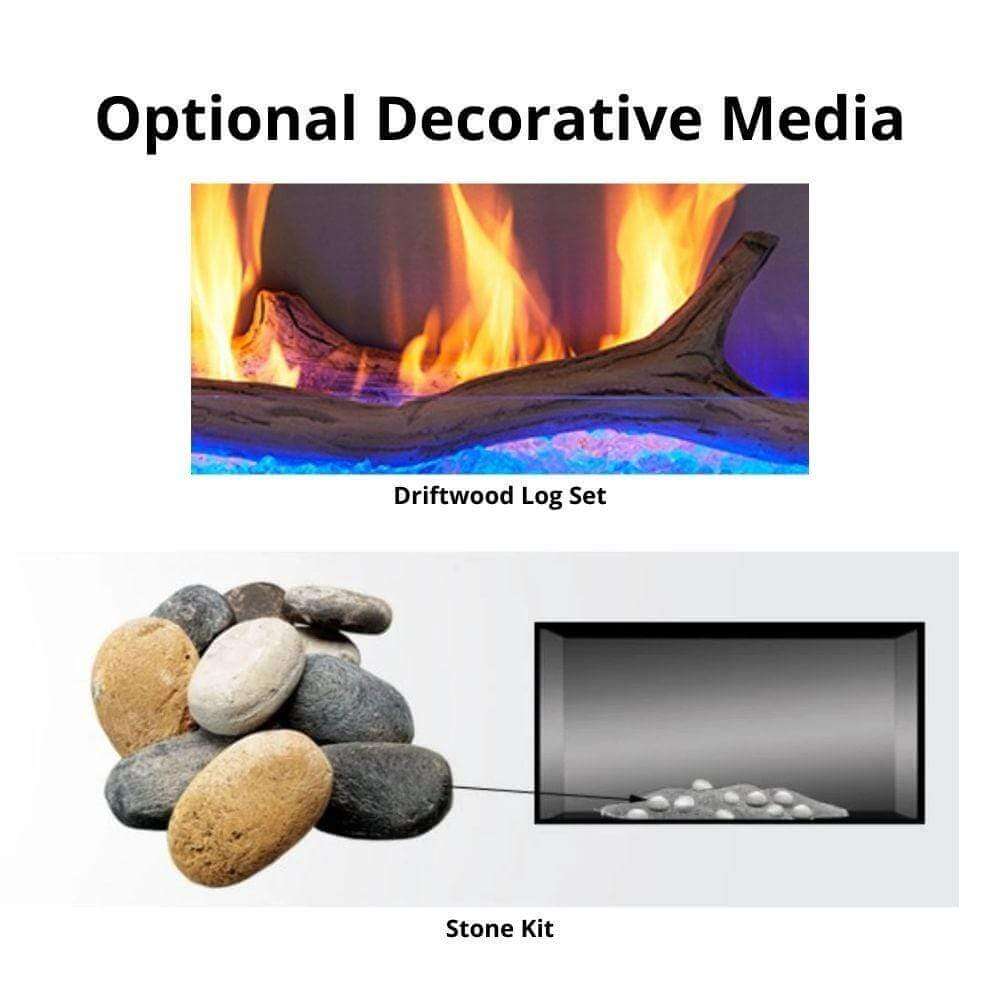Driftwood log set and stone kit for Majestic Lanai vent-free outdoor gas fireplace decorative media options.