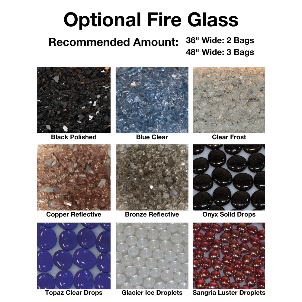 Empire Boulevard 48-Inch Linear Vent-Free See-Through Gas Fireplace - Various types of fire glass with color options and recommended bag quantities.