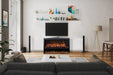 Amantii Pedestal Display for Electric Fireplaces TRD-BLK-PDS - Modern living room with electric fireplace, gray sofa, and decorative items.