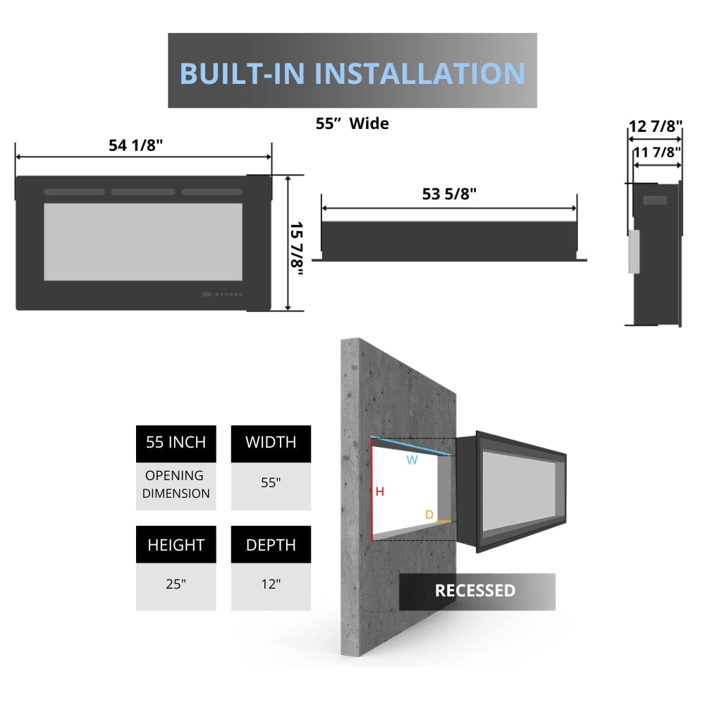 Remii DEEP Full Flame Indoor/Outdoor Frameless Built-in Electric Fireplace - 55" Fireplace dimensions on a white background