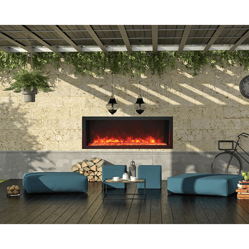 Remii Extra Slim Indoor/Outdoor Frameless Smart Built-in Electric Fireplace - Charming outdoor fireplace with bright blue seating and greenery