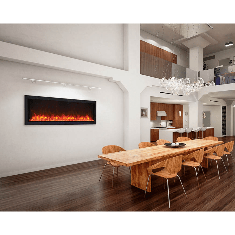 Remii Extra Slim Indoor/Outdoor Frameless Smart Built-in Electric Fireplace  - A contemporary dining room showcasing a stylish table and a warm fireplace