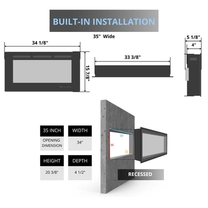 Remii Extra Slim Indoor/Outdoor Frameless Smart Built-in Electric Fireplace - 35" Fireplace dimensions on a white background