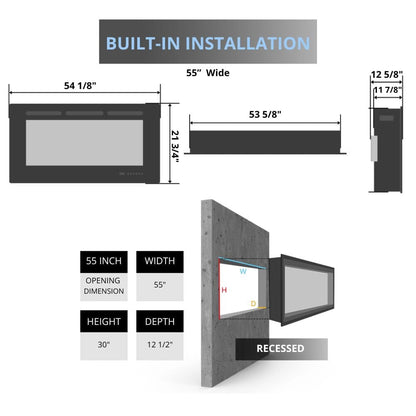 Remii Extra Tall Indoor/Outdoor Frameless Built-in Electric Fireplace - 55" Fireplace dimensions on a white background