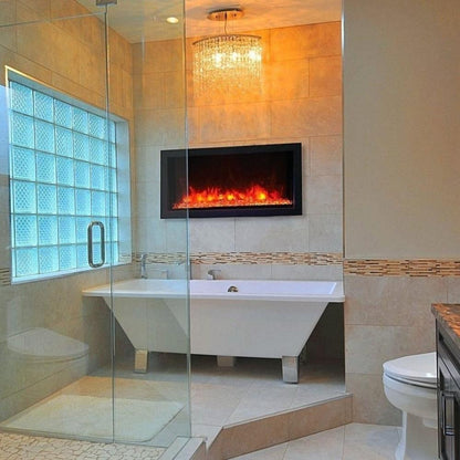 Remii Extra Slim Indoor/Outdoor Frameless Smart Built-in Electric Fireplace - A stylish bathroom showcasing a glass shower door and a charming fireplace