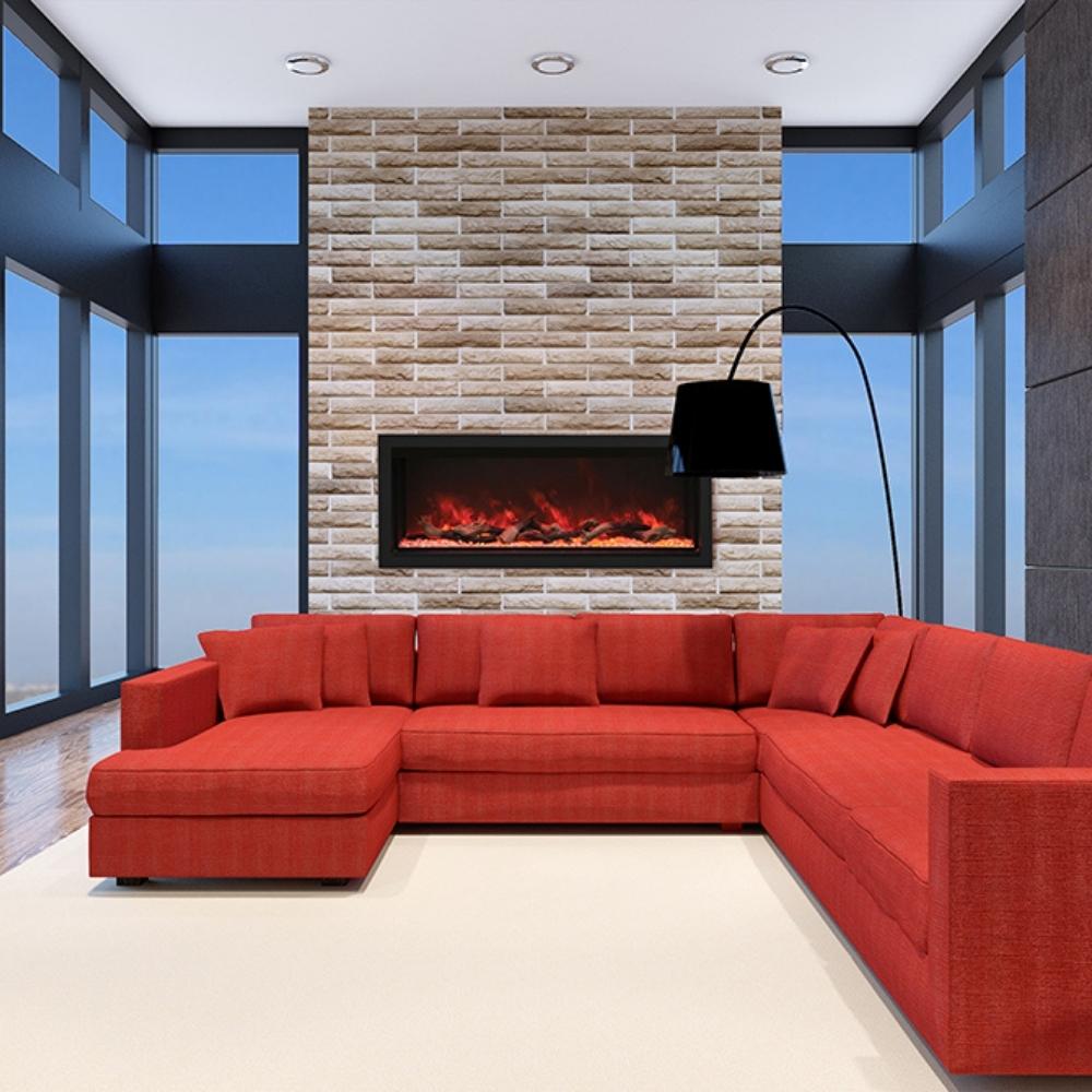 Remii Extra Tall Indoor/Outdoor Frameless Built-in Electric Fireplace - A stylish modern living room featuring a vibrant red couch and a cozy fireplace