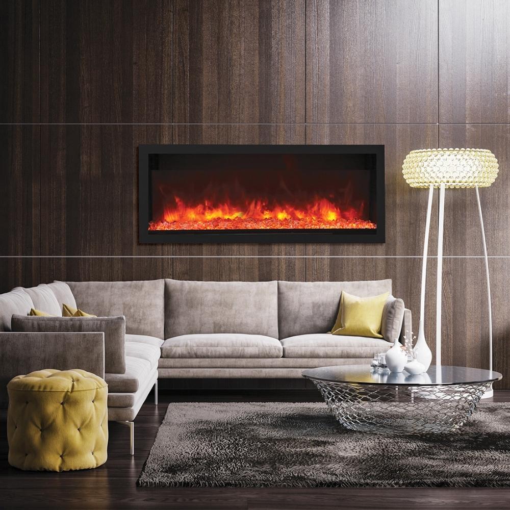 Remii Extra Tall Indoor/Outdoor Frameless Built-in Electric Fireplace - A cozy modern living room featuring a stylish couch and a warm fireplace