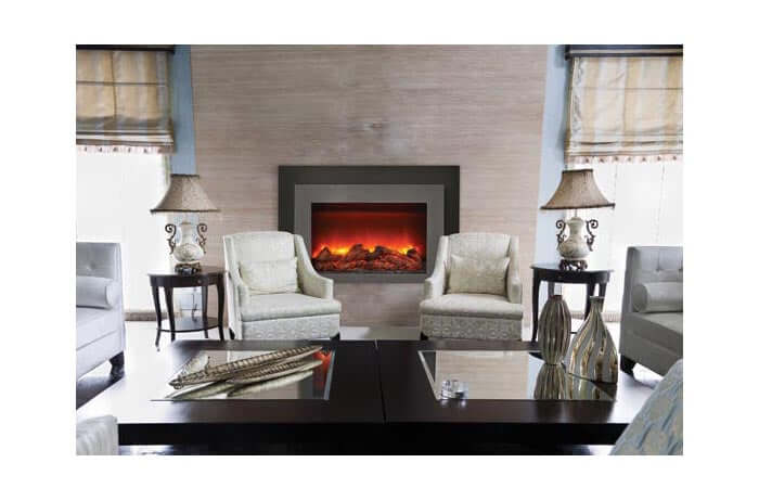 Sierra Flame 30-inch Electric Fireplace Insert - A stylish living room showcasing a fireplace flanked by two comfortable chairs.