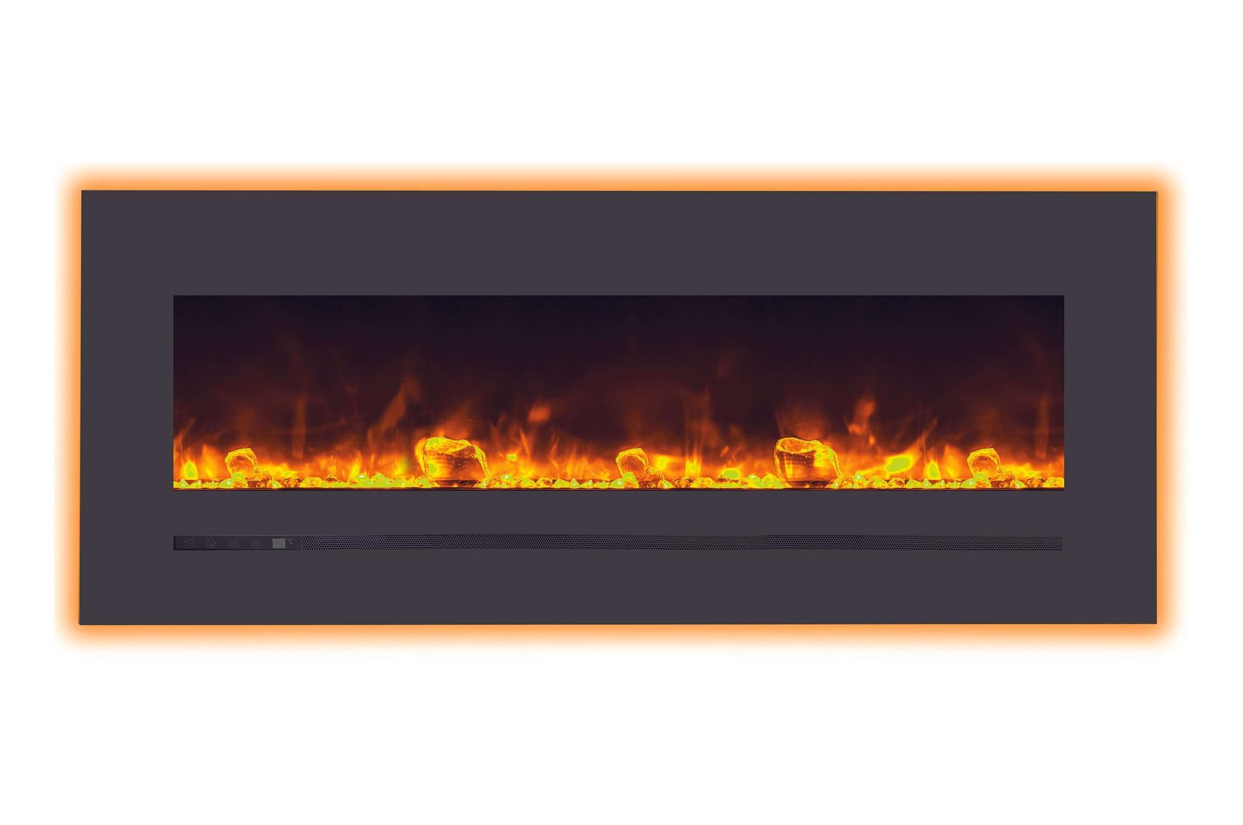 Sierra Flame 55-inch Mount / Recessed Electric Fireplace - Modern black electric fireplace with flames in white background.