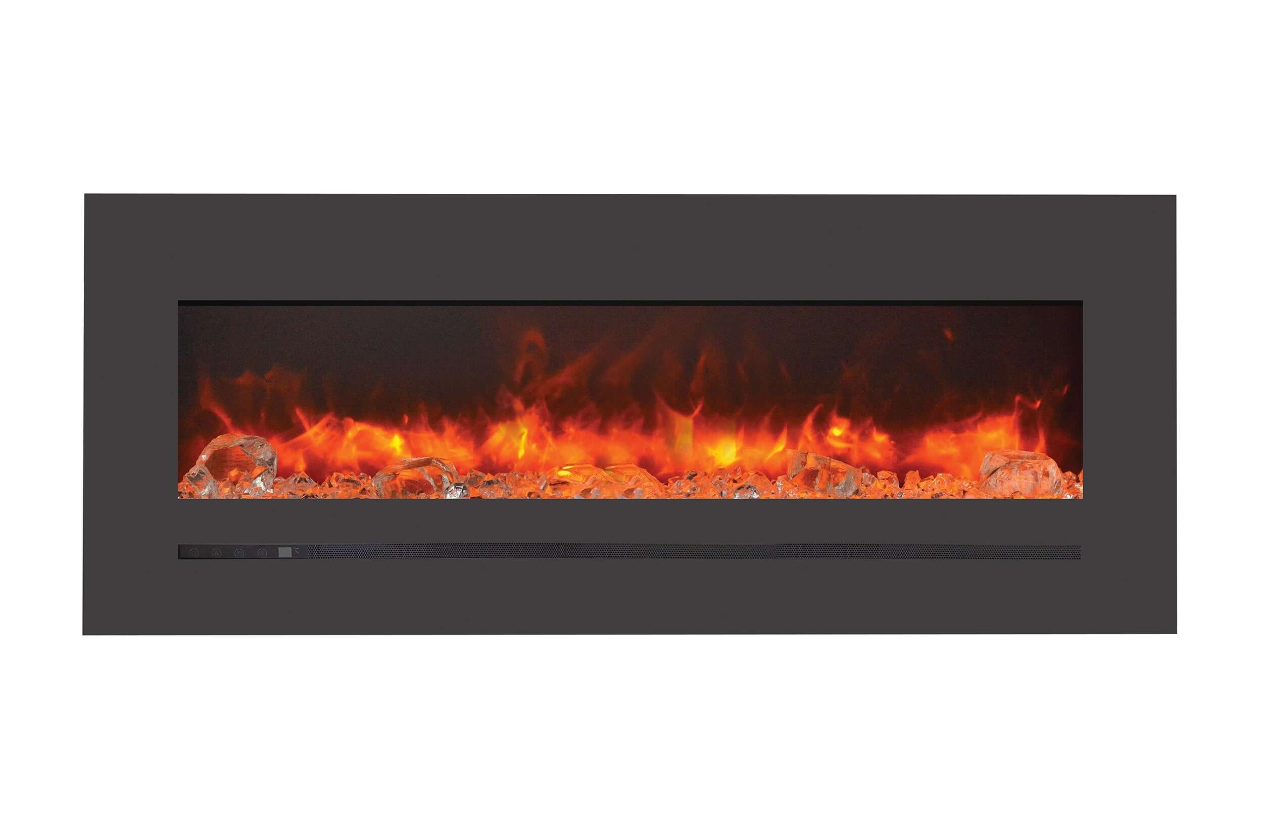 Sierra Flame 55-inch Mount / Recessed Electric Fireplace - A sleek black electric fireplace with dancing flames.