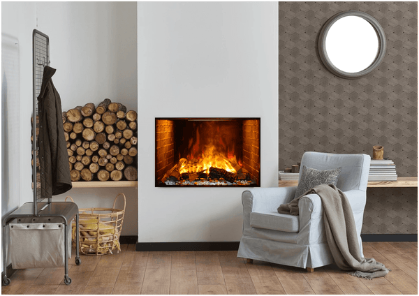 Amantii TRD Signature Series TRD-38-SIG - Living room with a fireplace, armchair, and stacked logs.