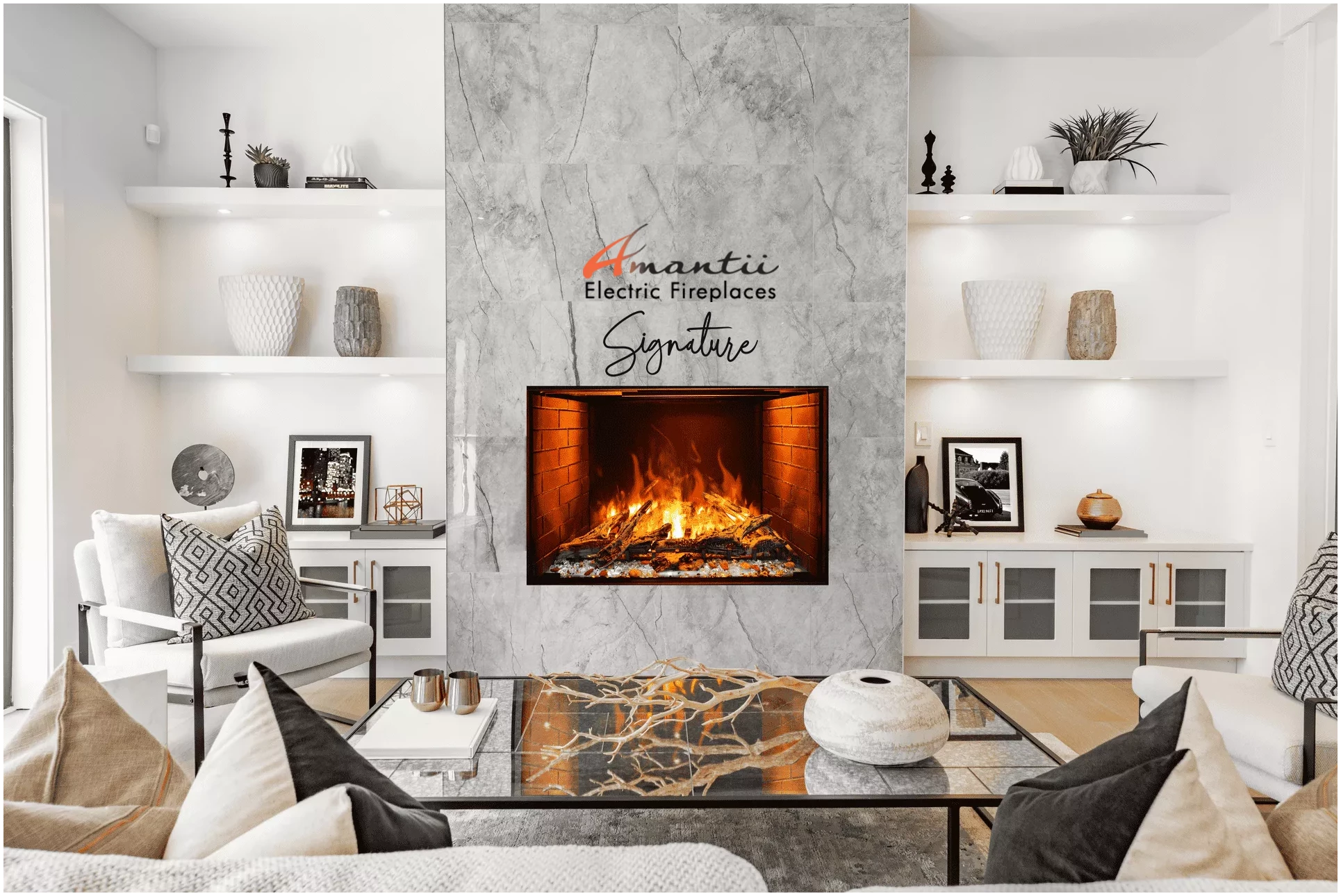 Amantii TRD Signature Series TRD-38-SIG - Living room with electric fireplace and Amantii logo