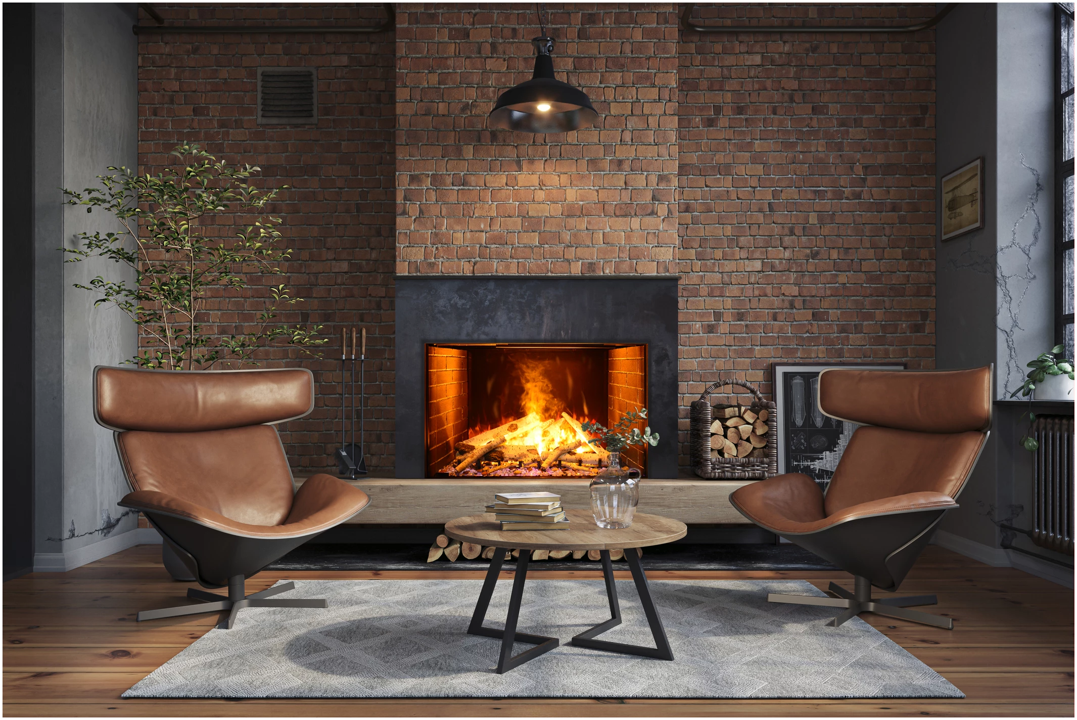 Amantii TRD Signature Series TRD-38-SIG - Cozy living room with a fireplace, brown leather chairs, and a wooden coffee table.