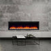 SimpliFire Allusion Platinum Recessed Electric Fireplace - The modern fireplace serves as a focal point in a chic living room featuring a center table.