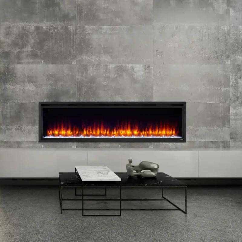 SimpliFire Allusion Platinum Recessed Electric Fireplace - The modern fireplace serves as a focal point in a chic living room featuring a center table.