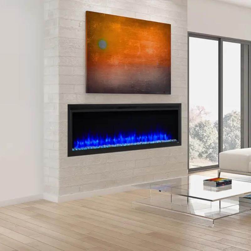 SimpliFire Allusion Platinum Recessed Electric Fireplace - A contemporary living room featuring a cozy fireplace and an oversized painting on the wall.