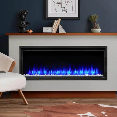 SimpliFire Allusion Platinum Recessed Electric Fireplace - A modern electric fireplace elegantly positioned in a cozy living room.