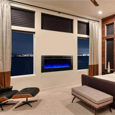 SimpliFire Allusion Wall-Mounted Electric Fireplace - An elegant bedroom with a large window providing ample light and a fireplace.