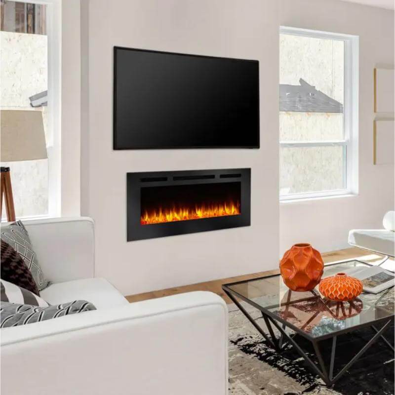 SimpliFire Allusion Wall-Mounted Electric Fireplace - A stylish modern living room showcasing a flat-screen TV above a sleek fireplace.