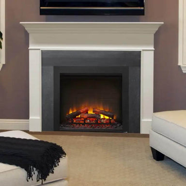 SimpliFire Built-In Electric Fireplace - A sleek white fireplace featuring a television mounted above in a cozy living room.