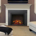 SimpliFire Built-In Electric Fireplace - A sleek white fireplace featuring a television mounted above in a cozy living room.