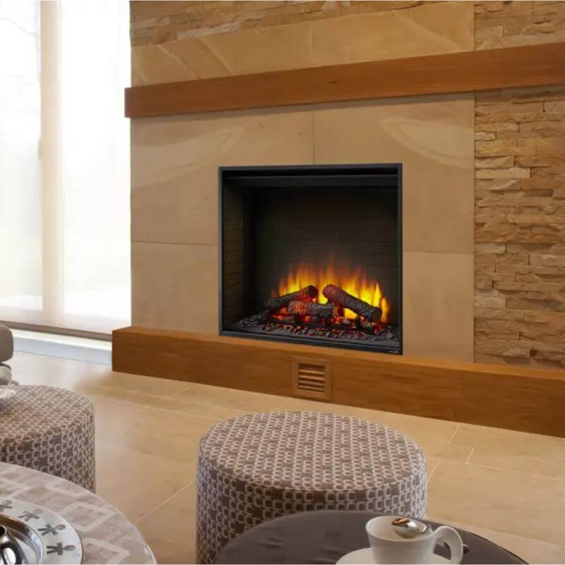 SimpliFire Built-In Electric Fireplace - A sleek modern fireplace integrated into a textured stone wall in an elegant living space.