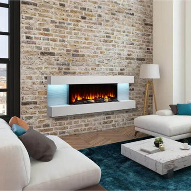 SimpliFire Format Wall-Mounted Electric Fireplace - A contemporary living room featuring a stylish brick wall and a cozy fireplace.