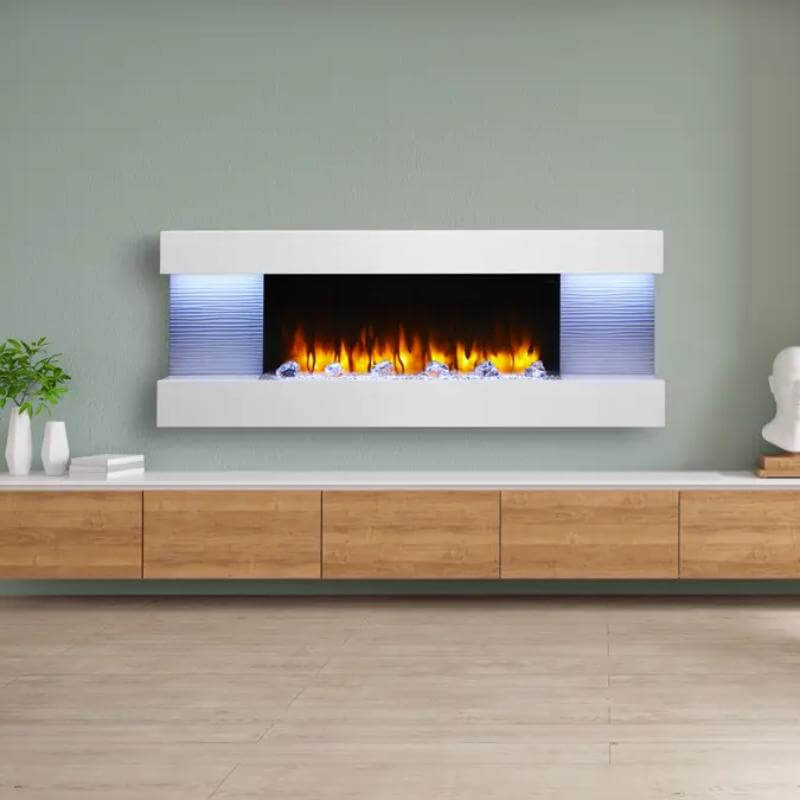 SimpliFire Format Wall-Mounted Electric Fireplace - A sleek modern fireplace is featured prominently in a cozy living room.
